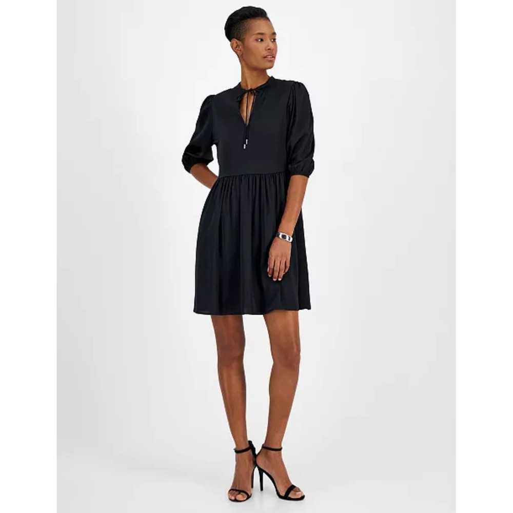 Boss By HUGO BOSS Dorena Black Satin Babydoll Dress Puff Sleeve Keyhole Tie XXL